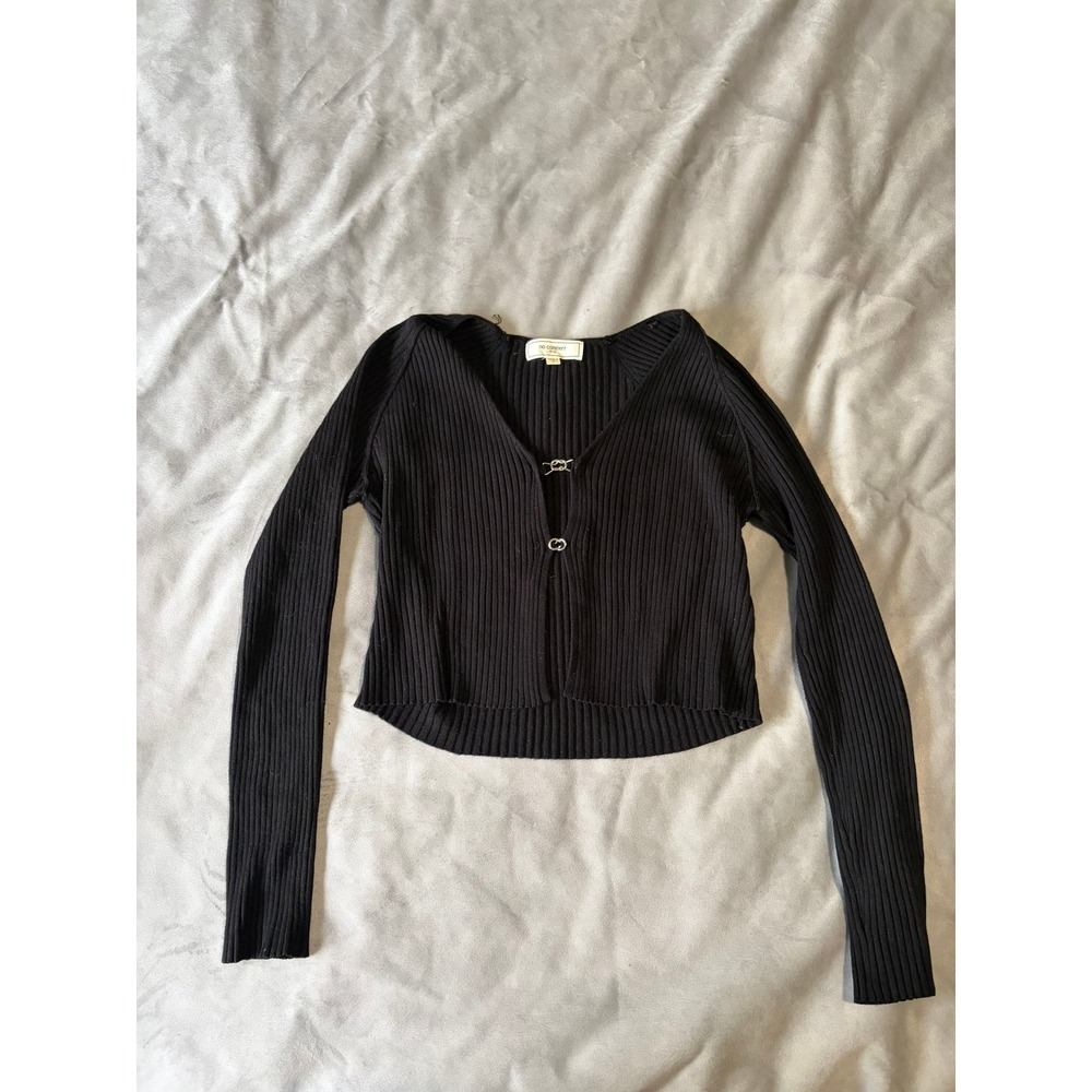 No Comment NY-LA Black Ribbed Cropped Cardigan Silver Clasp Front Size L